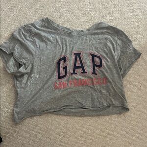 GAP Gray Cropped Logo Tee with Navy and Pink Lettering